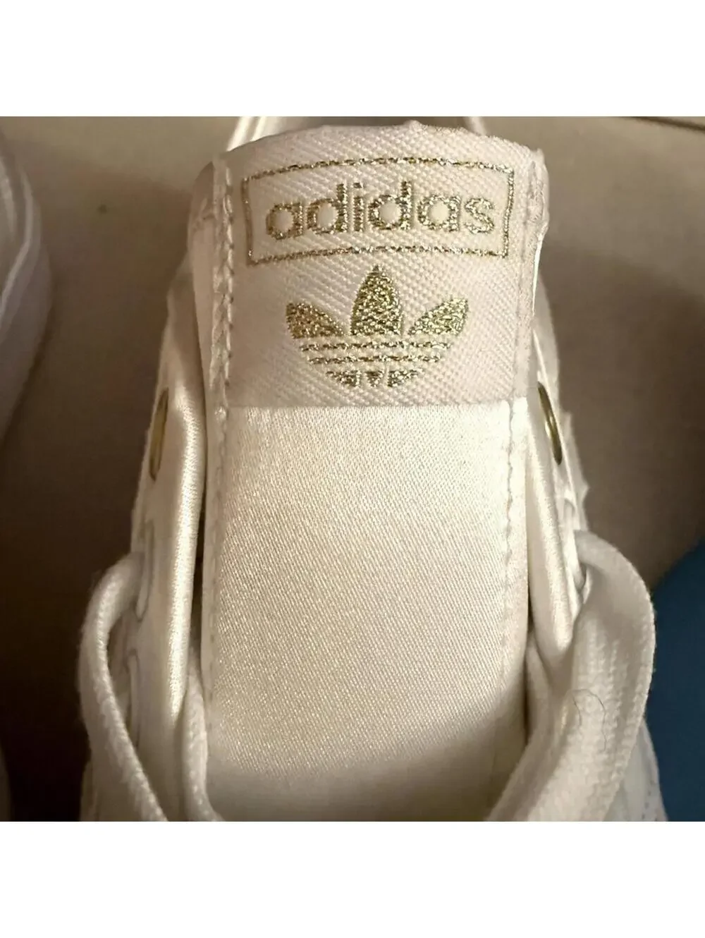 Adidas Vintage White satin sneakers, patent stripes and embroidery NWOT US 8.5